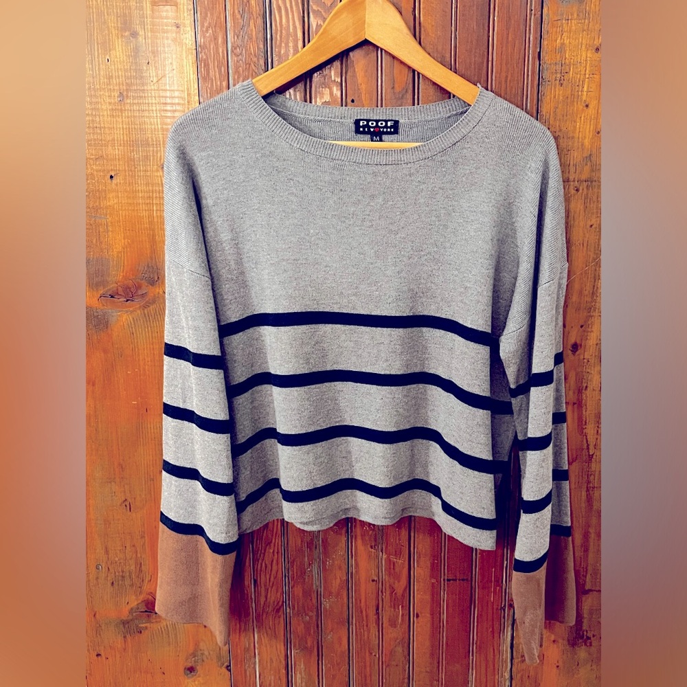 Boxy Gray Sweater with Navy Stripes and Mauve Cuff Size Medium